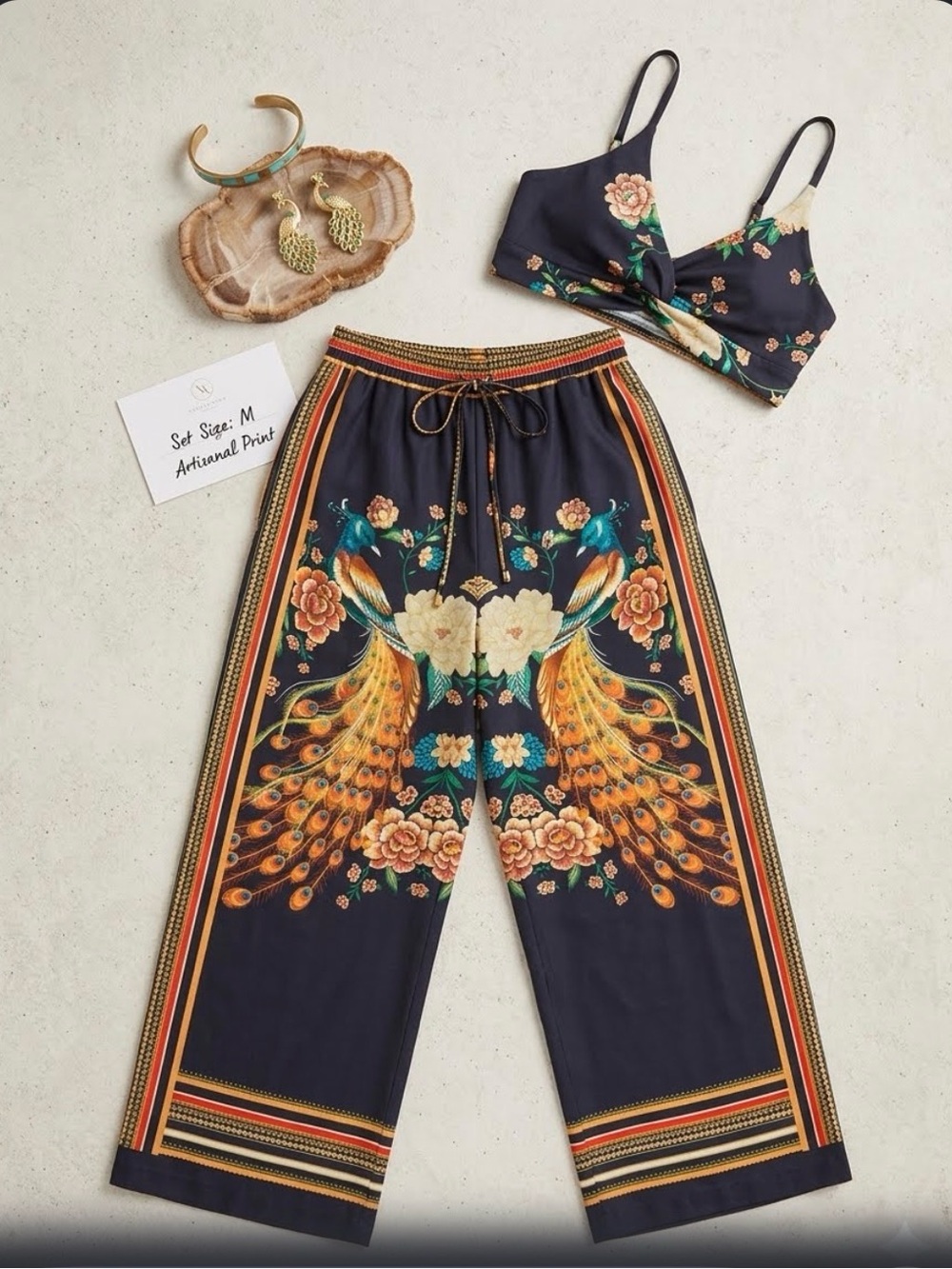 Women’s Navy Floral Peacock Print Wide-Leg Pants